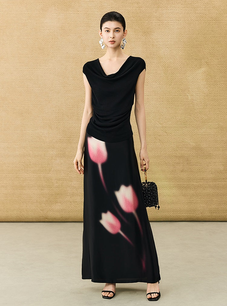 HECO Chinese high-end acetic acid skirt summer tulip print drape - ESSENCE.
