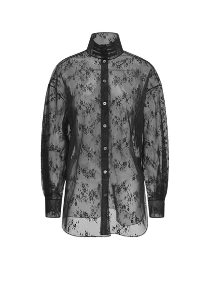 M ESSENTIAL Brand Quiet Lace Stand Collar Disc Buckle Straight Shirt - FLOW