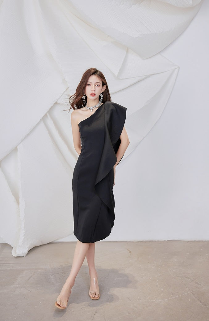 DOLLY Luxury French Style Ruffle One Shoulder Hip Hug Midi Dinner Dress-JEHO