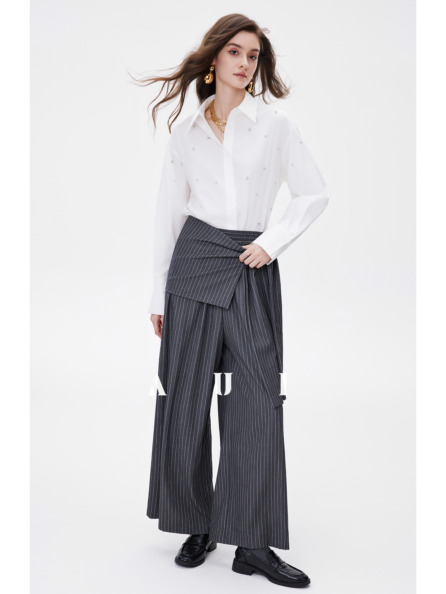 AUI Gray Striped High Intelligence Suit Wide-leg Temperament Loose Pants - Ji-woo