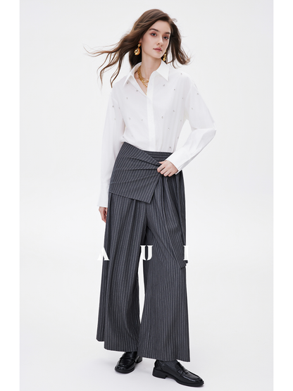 AUI Gray Striped High Intelligence Suit Wide-leg Temperament Loose Pants - Ji-woo