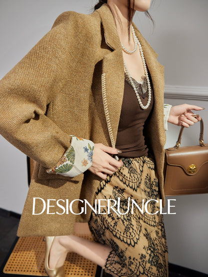DGU| Coffee Suit Single-Breasted V-Neck Knitted Cardigan Woven Hip Skirt Set - MAKER.