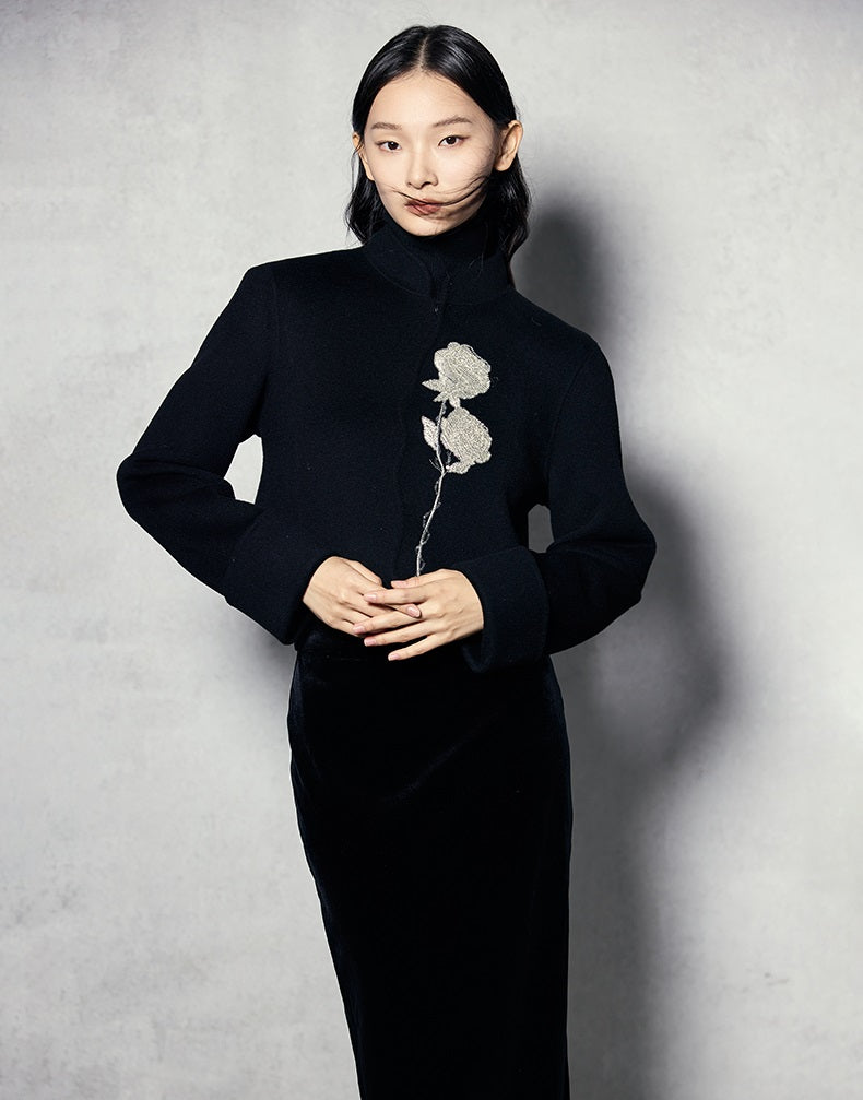 HECO 100% wool Embroidery Red black Short Double-Sided Tweed Jacket Women - out.