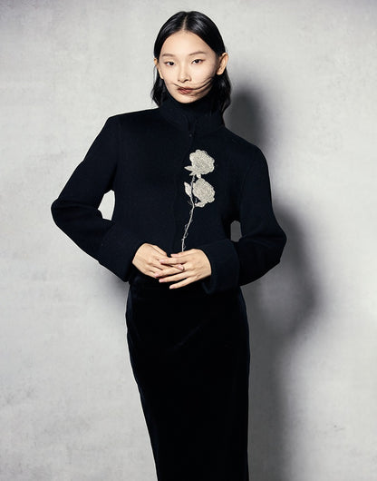 HECO 100% wool Embroidery Red black Short Double-Sided Tweed Jacket Women - out.