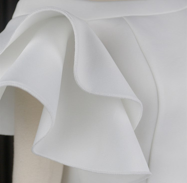 DOLLY Elegant White Slant Collar Short Ruffle Sleeves Midi A-Line Dinner Dress-CRYSTA