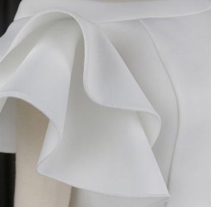 DOLLY Elegant White Slant Collar Short Ruffle Sleeves Midi A-Line Dinner Dress-CRYSTA