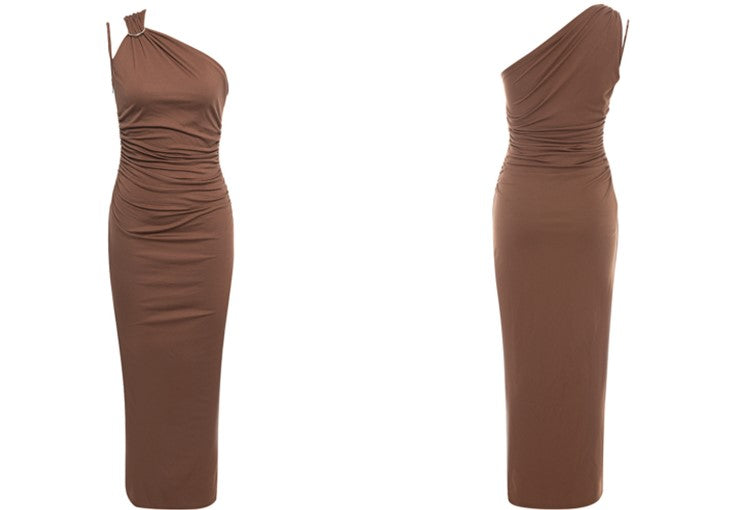 DOLLY High End Caramel Coffee Slant Collar Sleeveless High Waist Long Dinner Dress-CALYPSO  (V)
