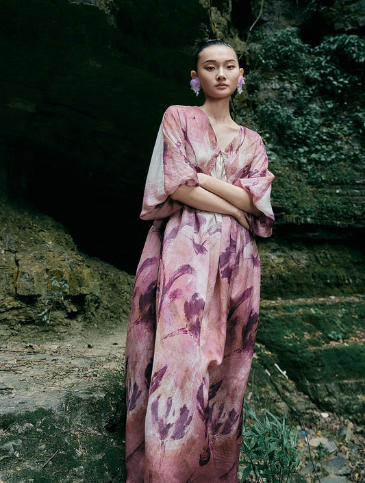 HECO Chinese Silk V-neck Dress Summer Elegant Floral Slim Long dress - GINE .