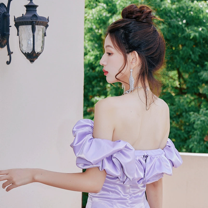 DOLLY Elegant Satin Ruffled Off Shoulder Tube Top Sim Fit Date Dress-AINSELY