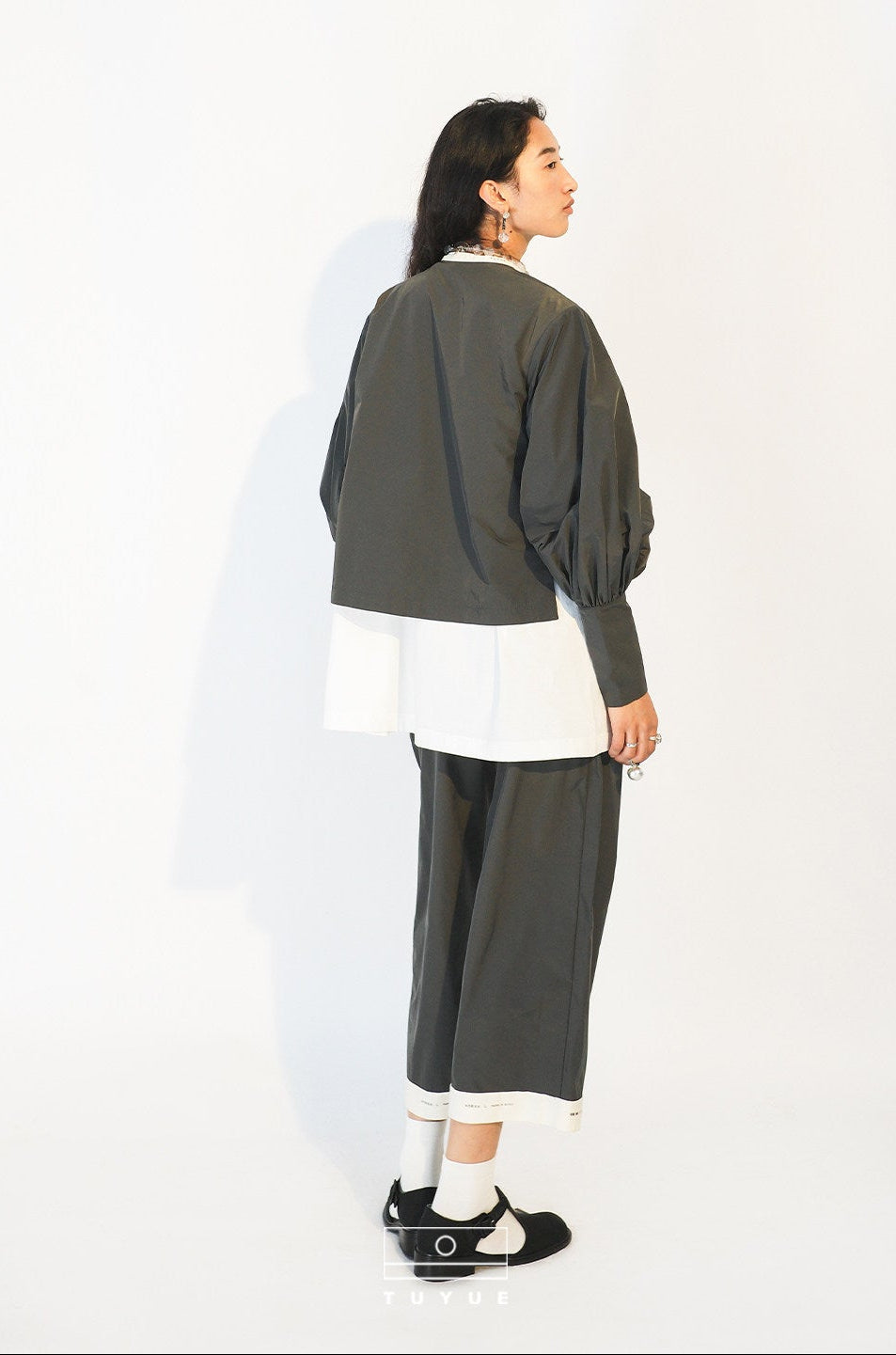 TUYUE Buckle Grey Puff Sleeve Lace-up Crew Neck Top - GRACIE.