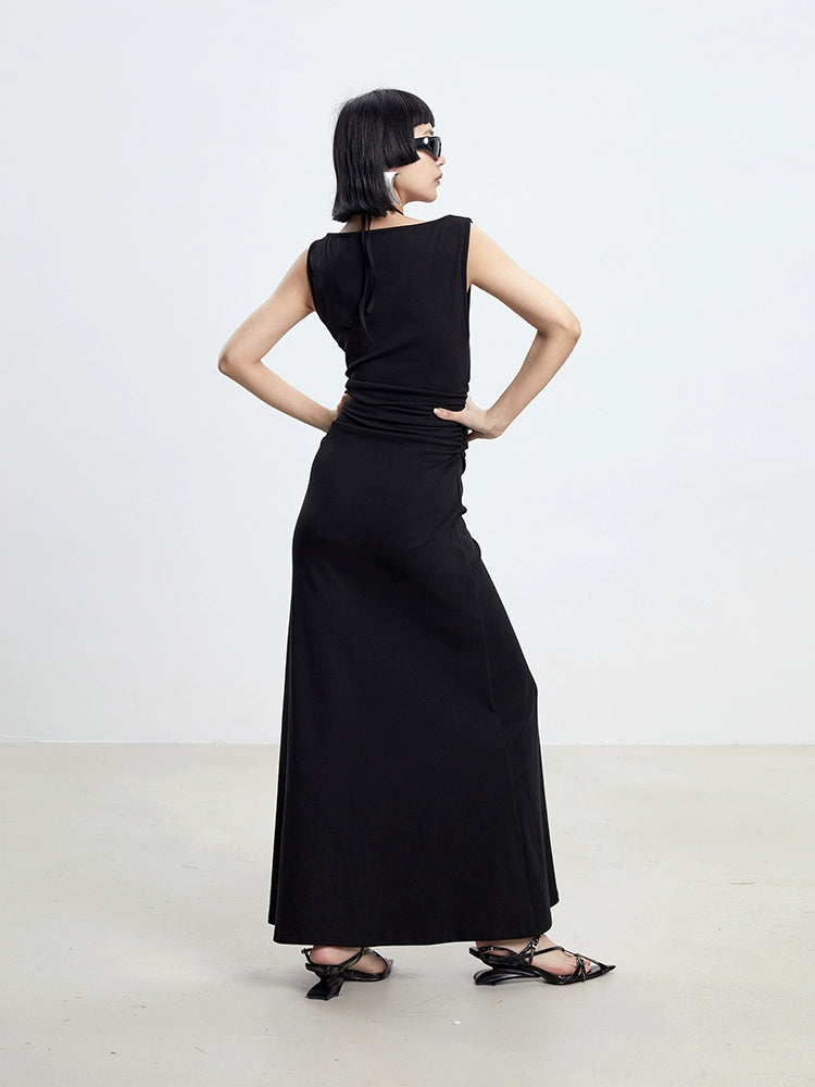 TINY IN cross-neck pleated knit maxi black dress-AYA