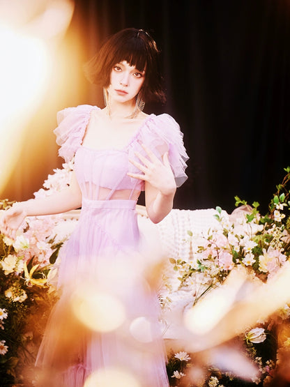 DOLLY High End Square Collar Short Ruffle Sleeves High Waist French Style Dress-MARIANA