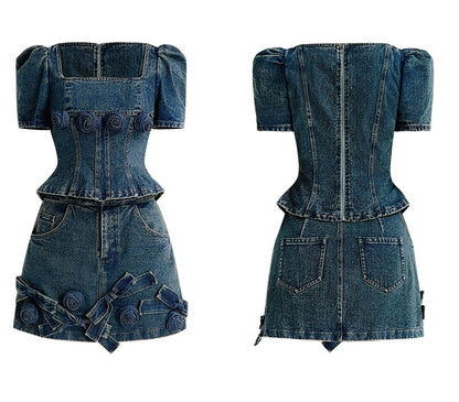 CHECOCRE Stubble sweet suit hakam three-dimensional rose retro fashionable denim skirt - VAIN.