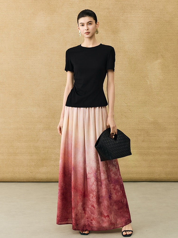 HECO Chinese Gradient Blended Lightweight Summer Print High-Waisted Skirt - AVEL.