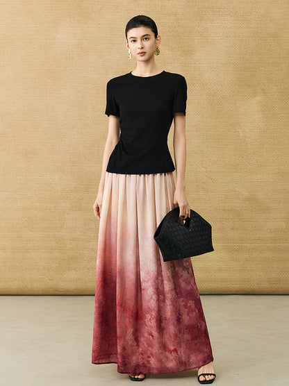 HECO Chinese Gradient Blended Lightweight Summer Print High-Waisted Skirt - AVEL.