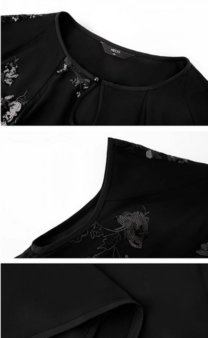 HECO Chinese Style Water Drop Neck Shoulder Embroidered Dress - SWEAT.