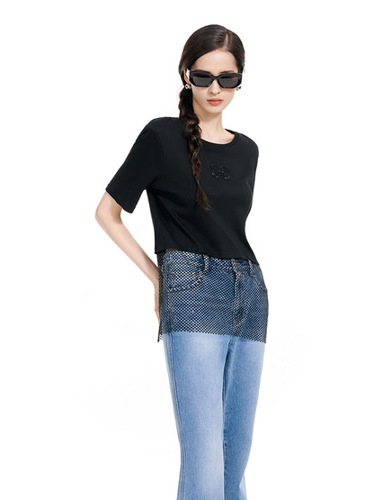 YES BY YESIR | Black Mesh Diamond-Stitched Embroidered Top-EVARIEL.