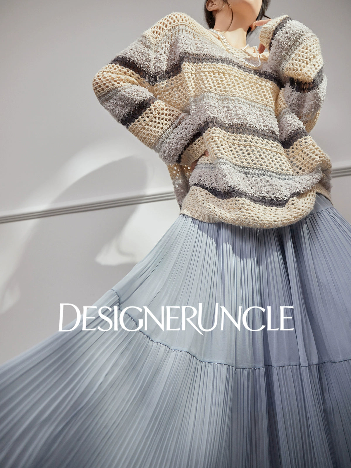 DGU "Weaving Halo" apricot gray striped wool knitted sweater- SHOW.