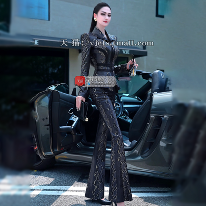VJE Snake Print Jacket High-Waisted Micro Flared Pants Two-Piece Set-LILO.