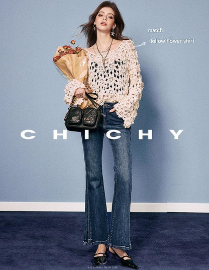 CHICHY High Street Retro Bootcut Blue High-Waisted Length Pants-LEXI
