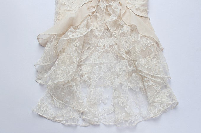 DOLLY Elegant French Style Cream Ruffled Lace Fake Two Piece Midi Dinner Dress-KAKA