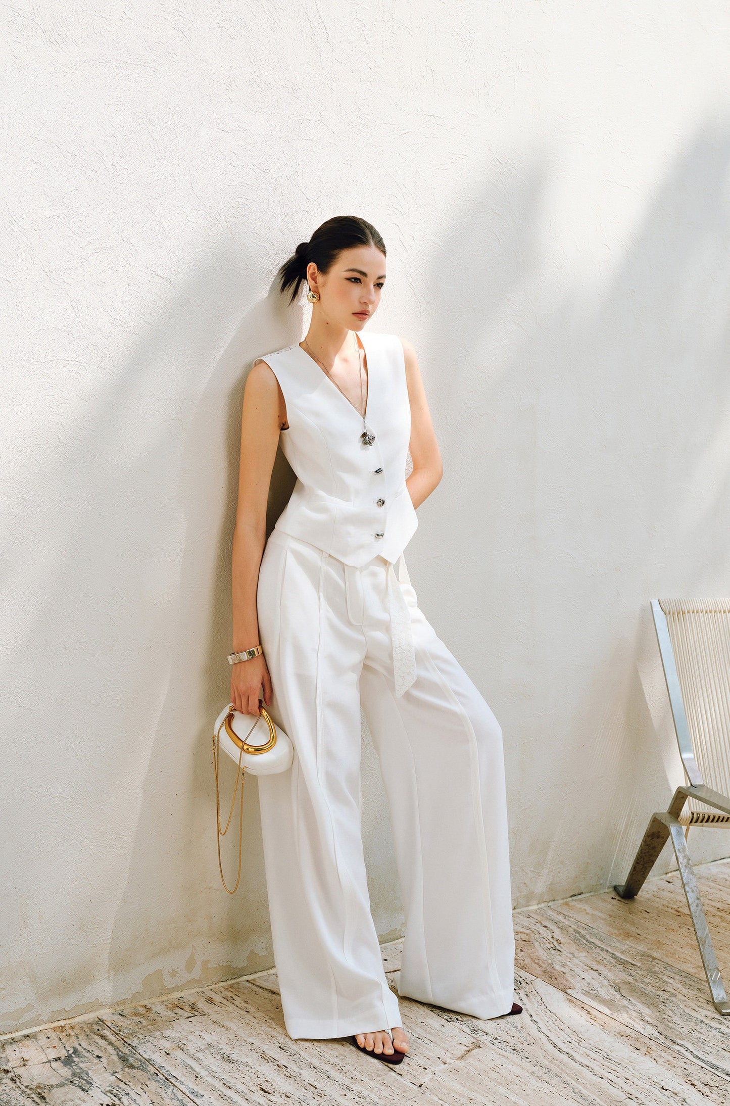 WANGXO |V-Neck Vest & Belted Straight Pants Intellectual Suit Set -NÉRA