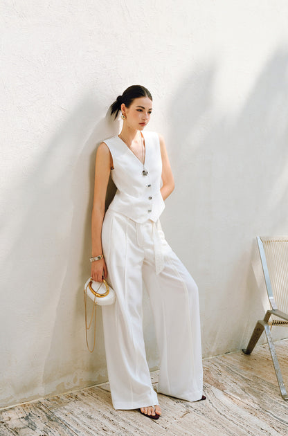 WANGXO |V-Neck Vest & Belted Straight Pants Intellectual Suit Set -NÉRA