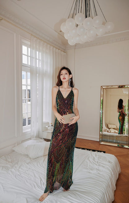 DOLLY Elegant Colorful Black Sleeveless Sequin Long Suspender Banquet Dress-LUNE