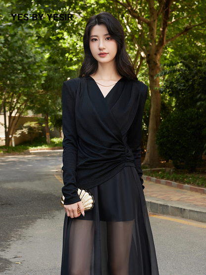 YES BY YESIR  asymmetrical shirred V-neck top - AMONU.