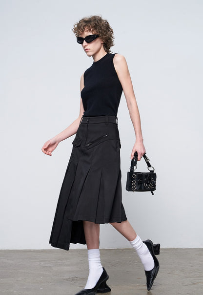 ANNAKIKI model black asymmetrical pleated skirt for women-CHIKAKO