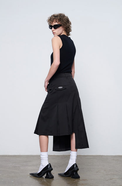 ANNAKIKI model black asymmetrical pleated skirt for women-CHIKAKO