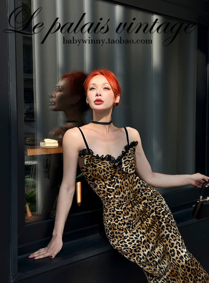 Le Palais Vintage sensual elegant leopard print faux silk satin slim wrap maxi dress-ASTA