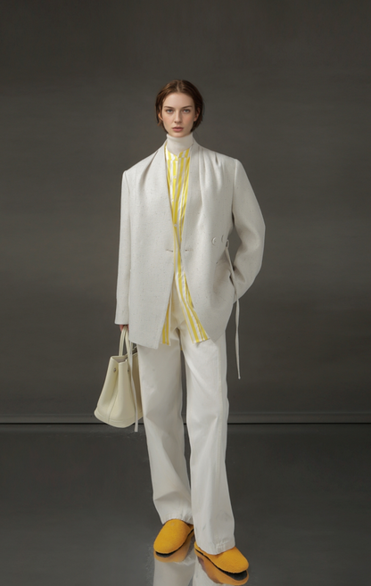 PIAOIN light style shoulder shirring elegant V-neck suit women's waist blazer-FATE
