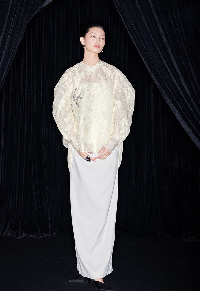 M essential Mackay designer embroidered semi-sheer silhouette shirt skirt set -  Arani.