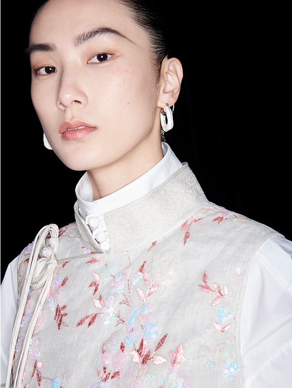 M essential Mackay designer beaded pavé embroidered linen vest - ELONIA.