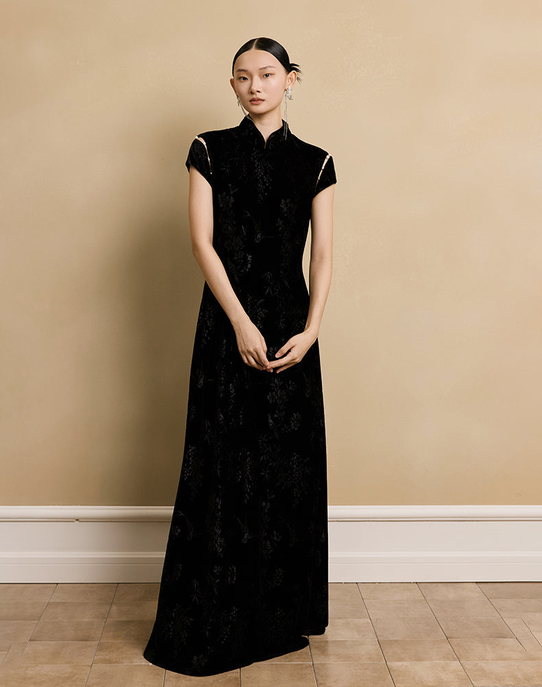 HECO Velvet Embossed Red Black Long Dress Women's- EXPECT.