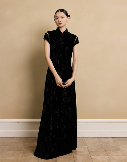 HECO Velvet Embossed Red Black Long Dress Women's- EXPECT.