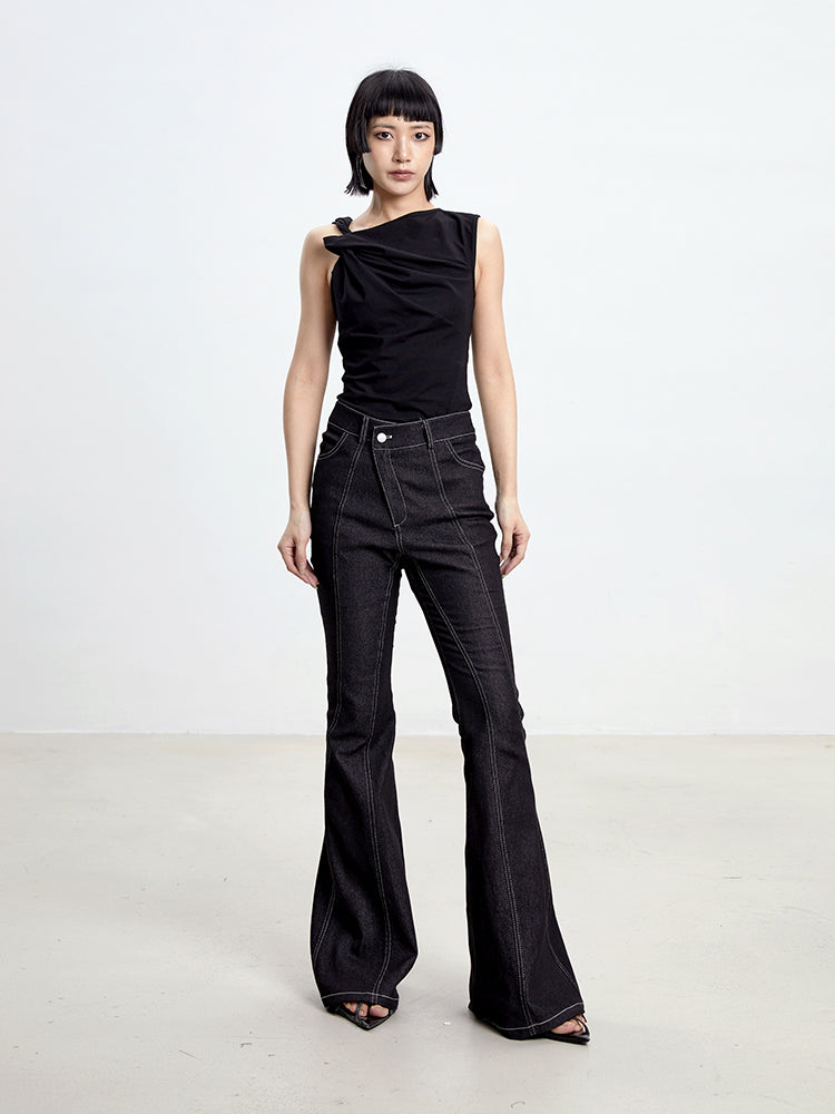 TINY IN black flared women's stitched versatile jeans-RIZU