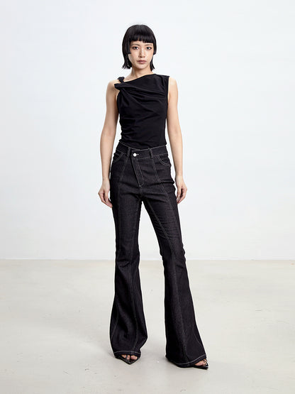 TINY IN black flared women's stitched versatile jeans-RIZU