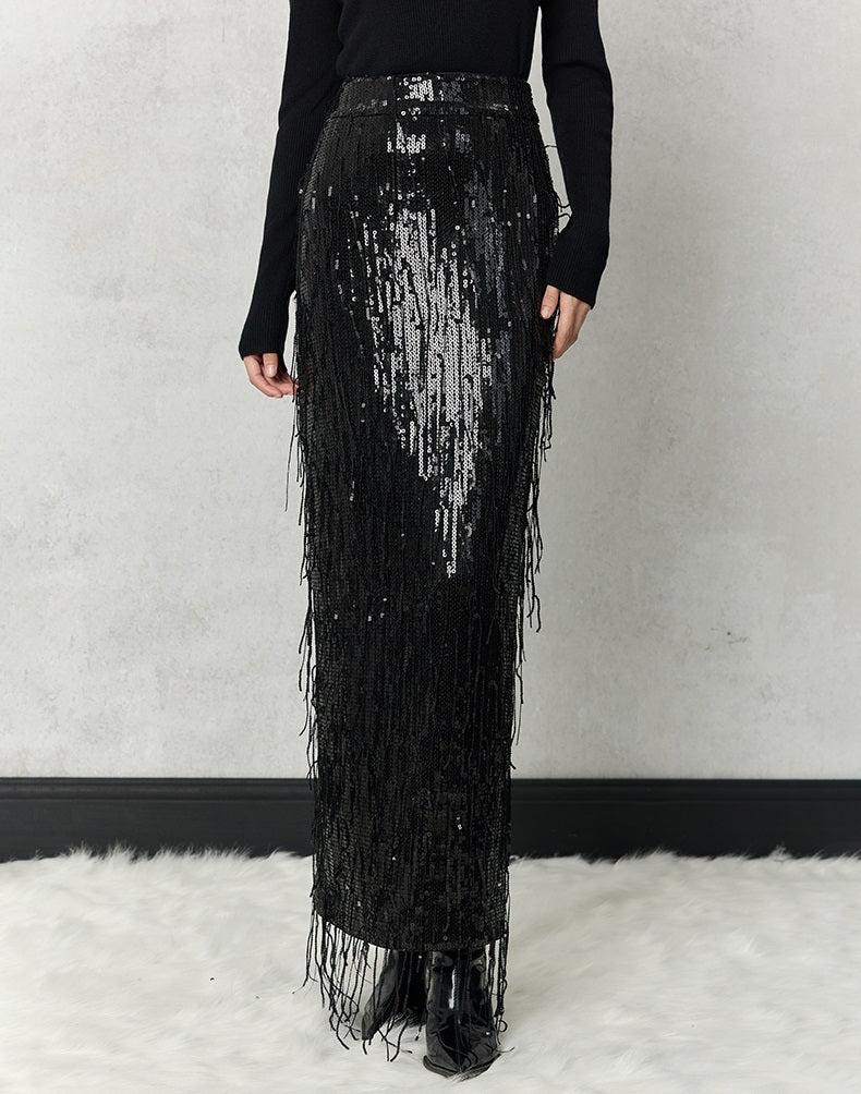 HECO 100% polyester Silver Black Sequins High Waist Slim Skirt Woman - sun.