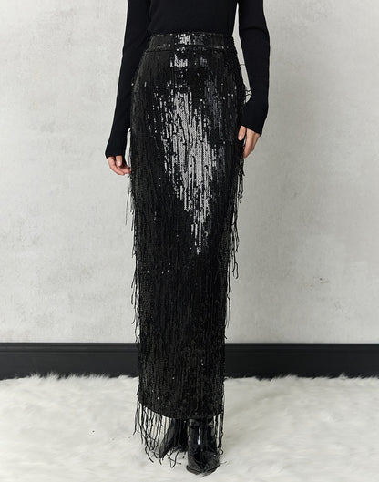 HECO 100% polyester Silver Black Sequins High Waist Slim Skirt Woman - sun.