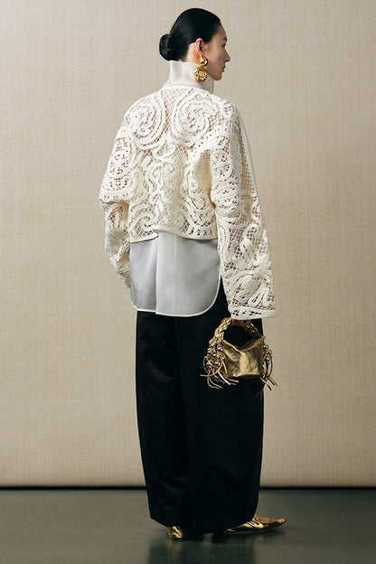 ZHUCHONGYUN white long-sleeve cropped lace-patterned jacket-NIGH.