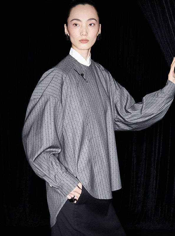 M essential Mackay designer sand diamond grey stripe diamond buckle silhouette shirt - ESHE .