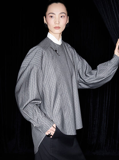 M essential Mackay designer sand diamond grey stripe diamond buckle silhouette shirt - ESHE .