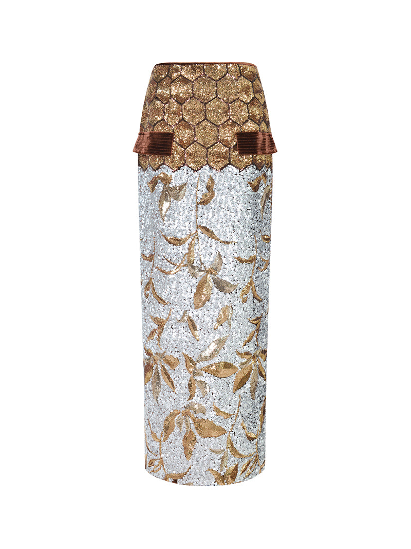 M essential Mackay luxury brown silver stand collar short seuins  jacket top pencil skirt set - sans.