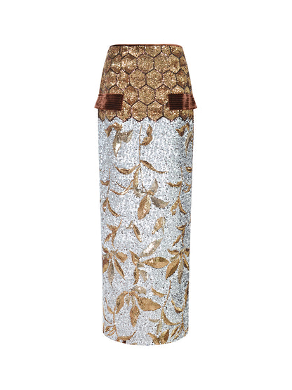 M essential Mackay luxury brown silver stand collar short seuins  jacket top pencil skirt set - sans.