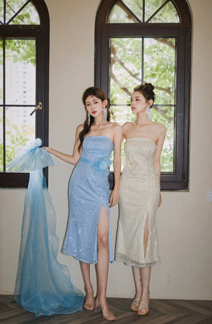 DOLLY Elegant Blue Flower Ribbon Tube Sequin Fish Tail Dinner Dress-LONE