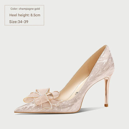 PJJUU French champagne color bow high heels  - GRACE.