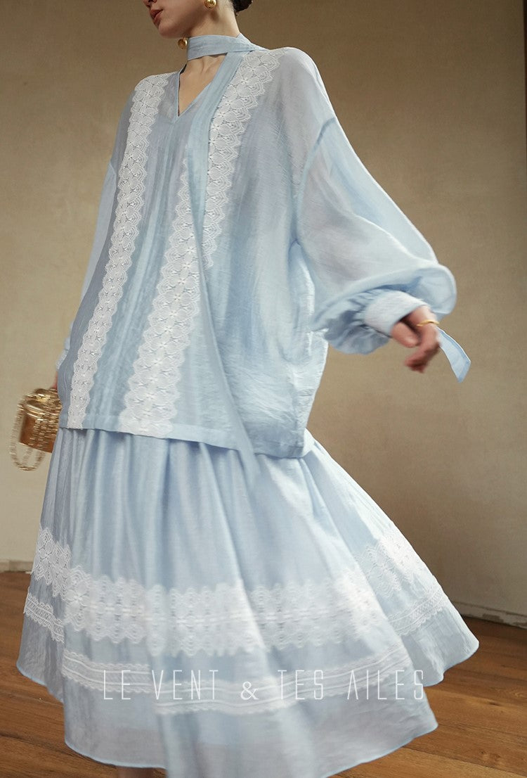 LE VENT&TES AILES pastel blue elegant summer vacation  V-neck shirt skirt set -GWEN