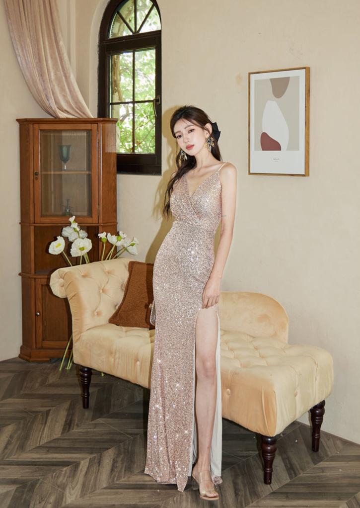DOLLY Elegant Sleeveless V-Neck Sequin Slim Fit Slit Long Fishtail Cocktail Dress-ERIKA